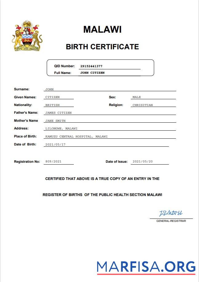 Blank Malawi birth certificate Word and PDF template, completely editable